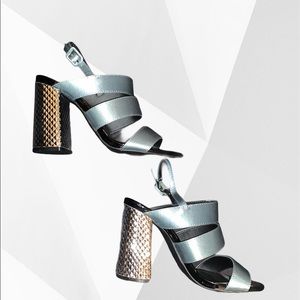 Gray/ teal/ blue with silver block heel